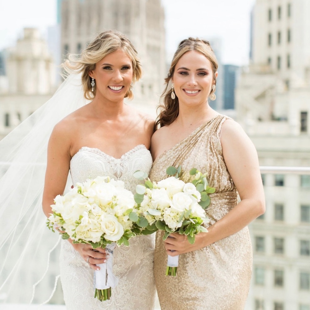 Gold sequin wedding guest or bridesmaid dress